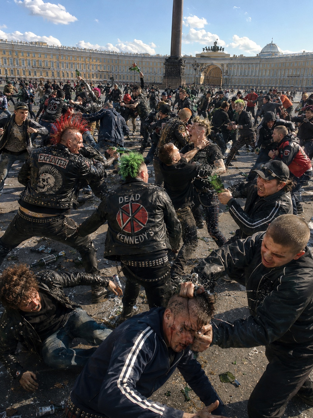 A crowded fight in a city square.