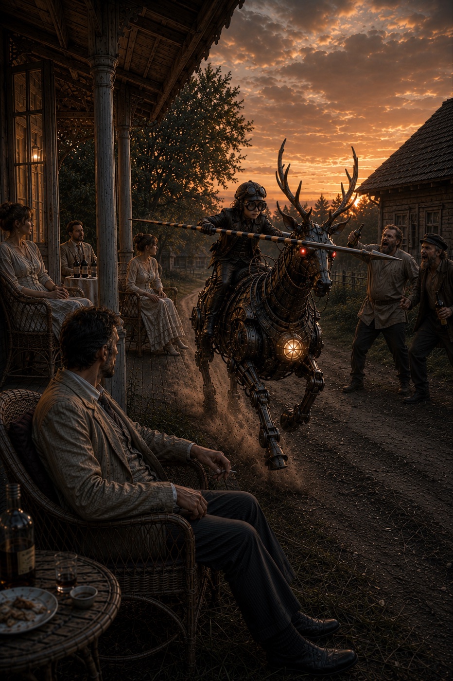 A rider on a mechanical deer moving through a village at sunset.