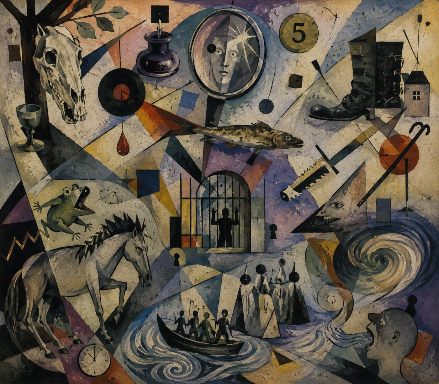 A dark collage of ghosts, a horse skull, ink, and night objects.