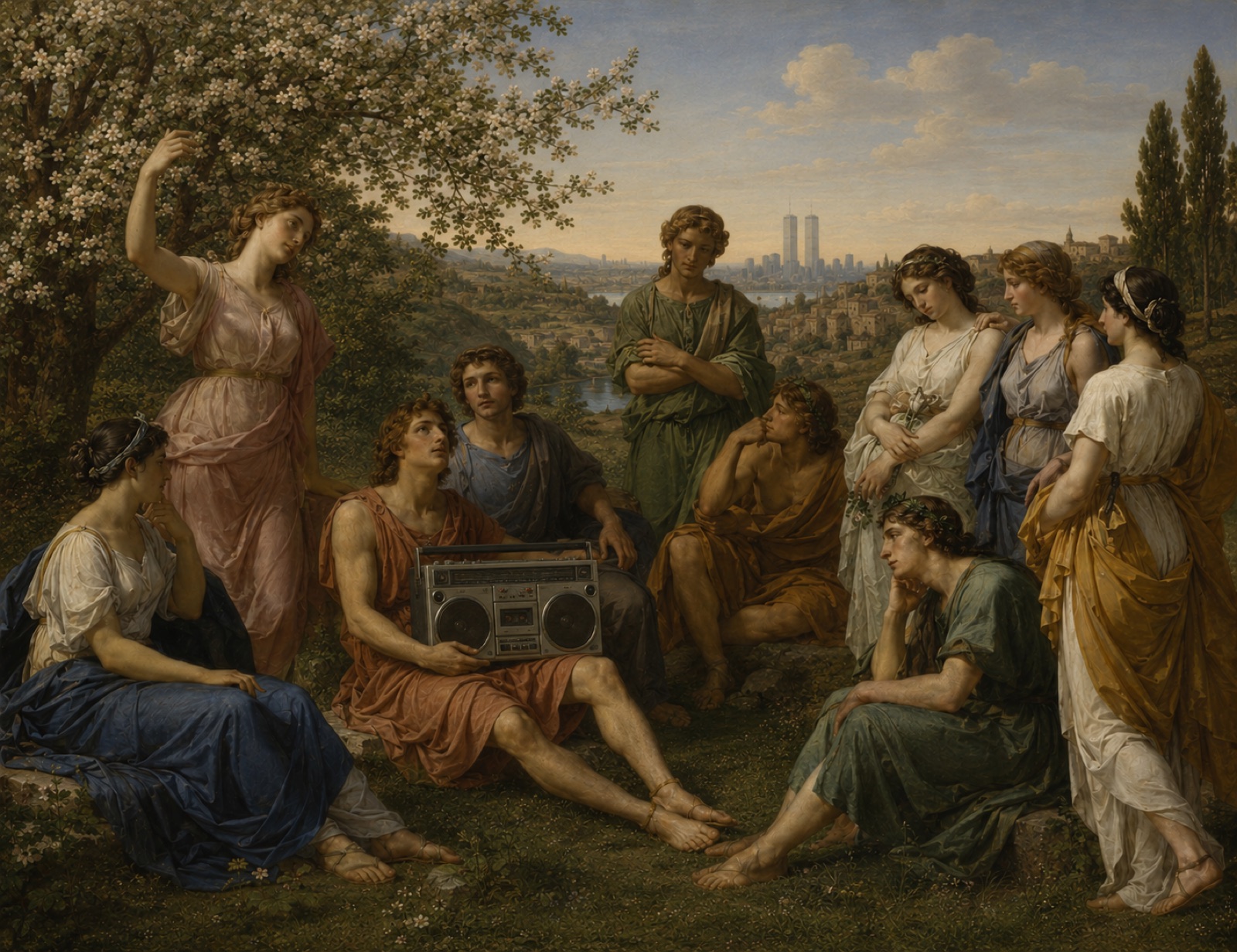 A classical group of young women and men under a flowering tree.